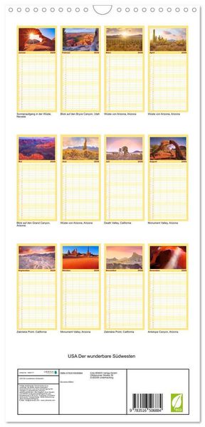 Produktbild: Familienplaner 2026 - USA Der wunderbare S&uuml;dwesten mit 5 Spalten (Wandkalender, 21 x 45 cm) CALVENDO