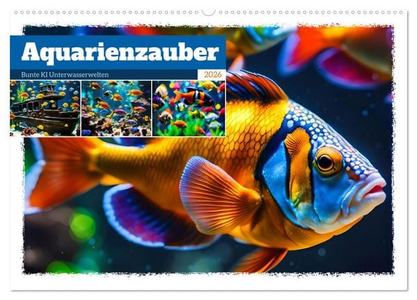 Produktbild: Aquarienzauber - Bunte KI Unterwasserwelten (Wandkalender 2026 DIN A2 quer), CALVENDO Monatskalender