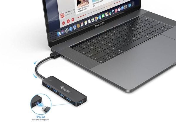 Produktbild: Equip 128959 USB-Hub 5 Port USB-A USB 3.0 5 GBit/s mit USB-C&reg; Stecker Schwarz Hub + USB-C-adapter
