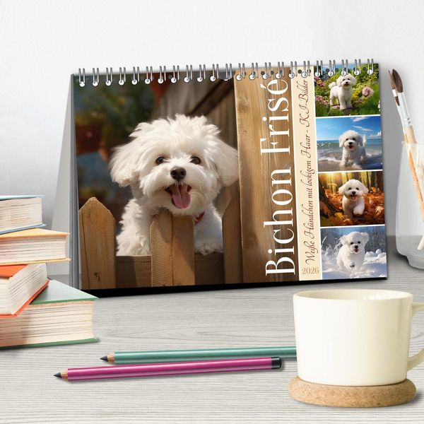 Produktbild: Bichon fris&eacute;, wei&szlig;e H&uuml;ndchen mit lockigem Haar (Tischkalender 2026 DIN A5 quer), CALVENDO Monatskalender