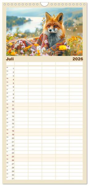 Produktbild: Familienplaner 2026 - Fuchsige Eskapaden. Reineke mit noblen Accessoires mit 5 Spalten (Wandkalender, 21 x 45 cm) CALVENDO