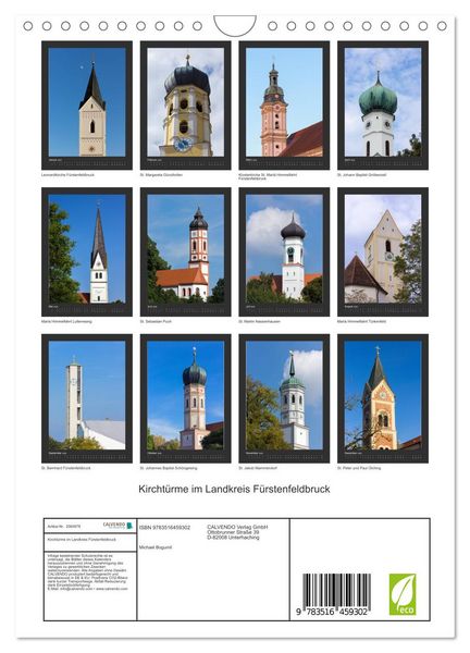Produktbild: Kircht&uuml;rme im Landkreis F&uuml;rstenfeldbruck (Wandkalender 2026 DIN A4 hoch), CALVENDO Monatskalender