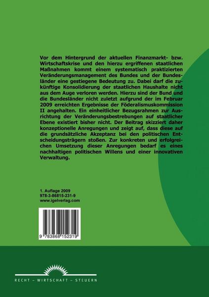 Produktbild: Staatliches Ver&auml;nderungsmanagement in Deutschland - M&ouml;glichkeiten der &Uuml;bertragung von betrieblichen Verfahrungsweisen auf Bund und L&auml;nder