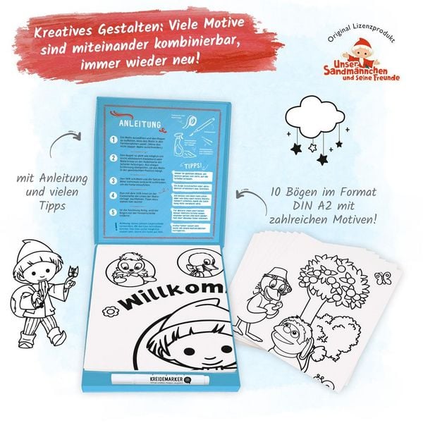 Produktbild: Tr&ouml;tsch Unser Sandm&auml;nnnchen Mappe mit Vorlagen und Kreidemarker Wundersch&ouml;ne Fensterbilder mit Kreidemarker