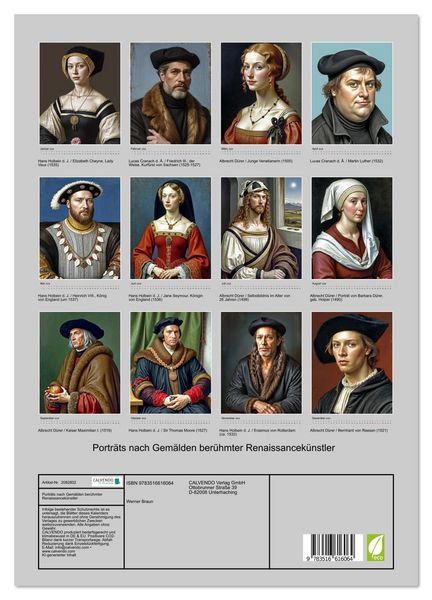 Produktbild: Portr&auml;ts nach Gem&auml;lden ber&uuml;hmter Renaissancek&uuml;nstler (Wandkalender 2026 DIN A3 hoch), CALVENDO Monatskalender