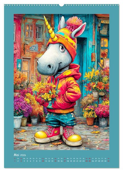 Produktbild: Unicorns. Niedliche Einh&ouml;rner in der Stadt (hochwertiger Premium Wandkalender 2026 DIN A2 hoch), Kunstdruck in Hochglanz