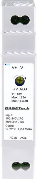 Produktbild: Basetech BT-2250247 Hutschienen-Netzteil (DIN-Rail) 12 V 1.25 A 15 W Anzahl Ausg&auml;nge:1 x Inhalt 1 St.