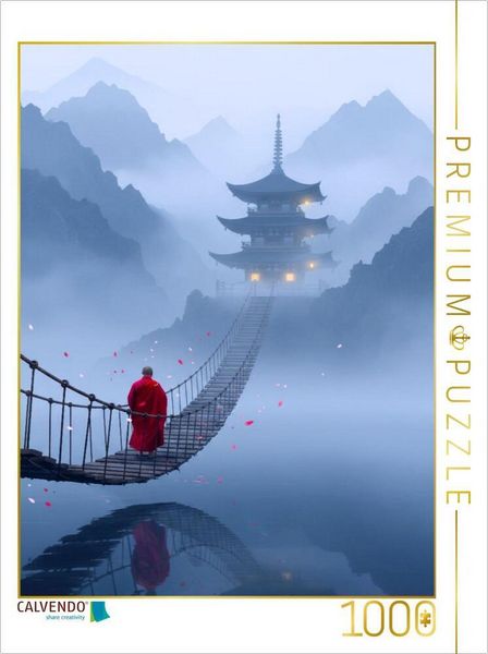 CALVENDO Puzzle Der Weg zum Ziel - Hängebrücke mit buddhistischem Mönch und Tempel | 1000 Teile Lege-Größe 64 × 48 cm Foto-Puzzle für glückliche Stunden