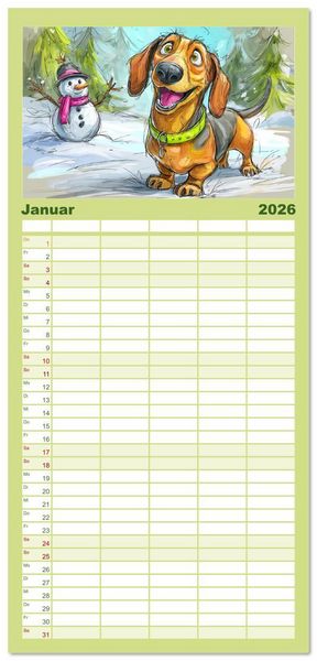 Produktbild: Familienplaner 2026 - Dackel Fun. Zauberhafte Hunde Cartoons f&uuml;rs Herz mit 5 Spalten (Wandkalender, 21 x 45 cm) CALVENDO
