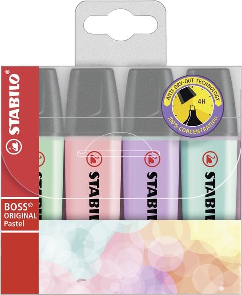 Produktbild: STABILO Textmarker -   BOSS ORIGINAL Pastel - 4er Pack - Hauch von Minzgr&uuml;n, rosiges Rouge, Schimmer von Lila, zartes T&uuml;rkis