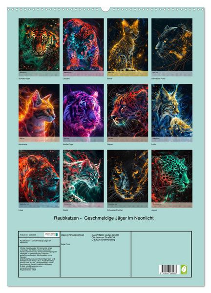 Produktbild: Raubkatzen - Geschmeidige J&auml;ger im Neonlicht (Wandkalender 2026 DIN A2 hoch), CALVENDO Monatskalender
