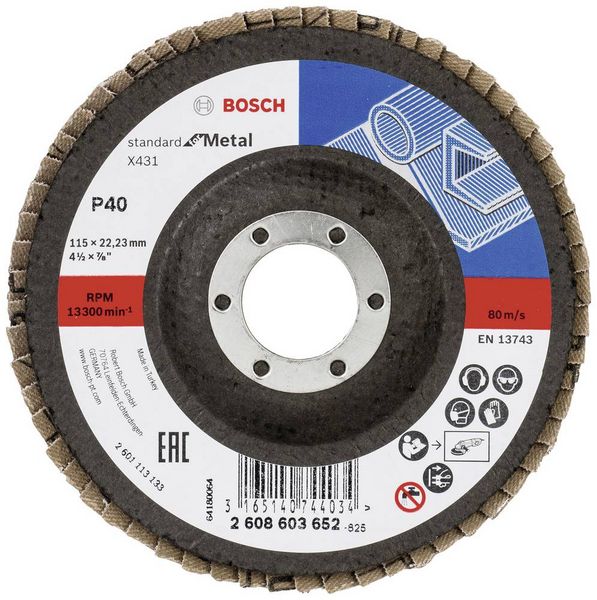 Produktbild: Bosch Accessories 2608603652 X431 F&auml;cherschleifscheibe Durchmesser 115 mm Bohrungs-&Oslash; 22.33 mm K&ouml;rnung (num) 40 Stahl 1 St.