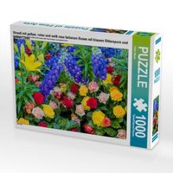 CALVENDO Puzzle Strauß mit gelben, roten und weiß rosa farbenen Rosen mit blauem Rittersporn und gelben Lilien | 1000 Teile Lege-Größe 64x48cm Foto-Pu