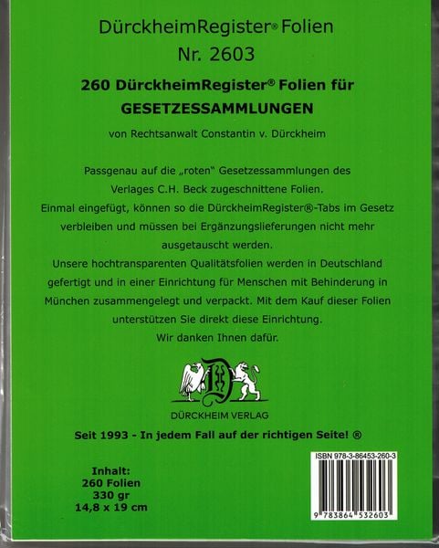 260 DürckheimRegister -FOLIEN zum Einheften und Unterteilen der Gesetzessammlungen, von , Dürckheim Verlag, 978-3-86453-260-3