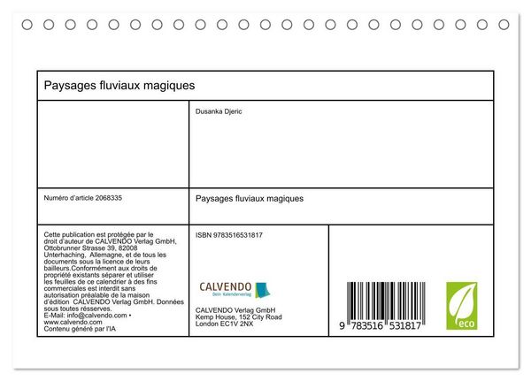 Produktbild: Paysages fluviaux magiques (Calendrier de bureau 2026 DIN A5 vertical), CALVENDO calendrier mensuel