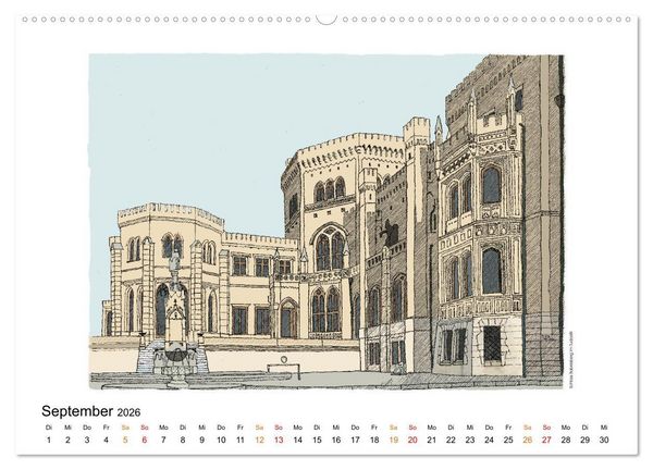 Produktbild: Potsdamer Sehensw&uuml;rdigkeiten in Ink und Farbe (hochwertiger Premium Wandkalender 2026 DIN A2 quer), Kunstdruck in Hochglanz