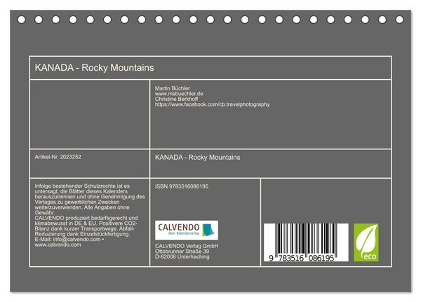 Produktbild: KANADA - Rocky Mountains (Tischkalender 2026 DIN A5 quer), CALVENDO Monatskalender