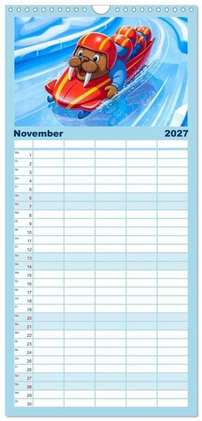 Produktbild: Familienplaner 2027 - Tierischer Wintersport - Lustige Tiere im Schnee mit 5 Spalten (Wandkalender, 21 x 45 cm) CALVENDO