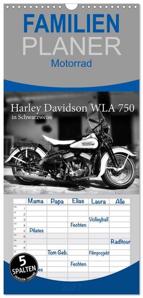 Produktbild: Familienplaner 2027 - Harley Davidson WLA 750 in Schwarzweiss mit 5 Spalten (Wandkalender, 21 x 45 cm) CALVENDO