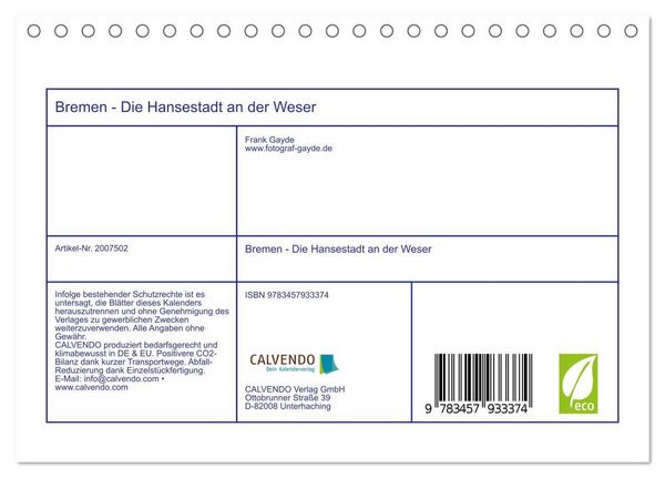 Produktbild: Bremen - Die Hansestadt an der Weser (Tischkalender 2026 DIN A5 quer), CALVENDO Monatskalender
