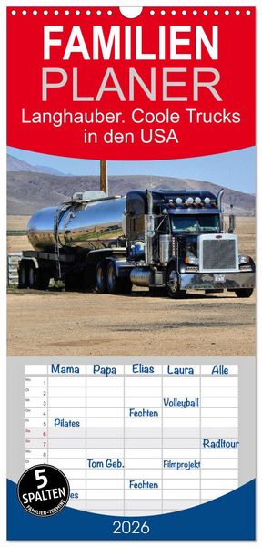 Produktbild: Familienplaner 2026 - Langhauber. Coole Trucks in den USA mit 5 Spalten (Wandkalender, 21 x 45 cm) CALVENDO