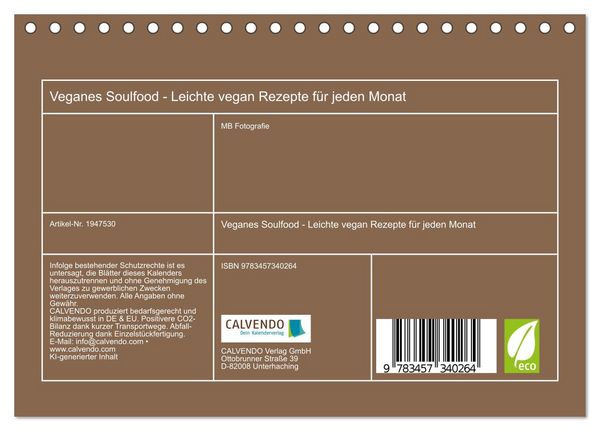 Produktbild: Veganes Soulfood - Leichte vegan Rezepte f&uuml;r jeden Monat (Tischkalender 2026 DIN A5 quer), CALVENDO Monatskalender