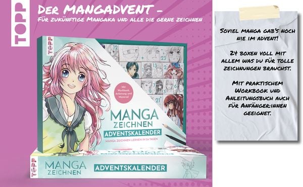 Produktbild: Manga zeichnen Adventskalender - Manga zeichnen lernen in 24 Tagen. Mit Anleitungsbuch, Workbook und Zeichenmaterial