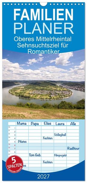 Produktbild: Familienplaner 2027 - Oberes Mittelrheintal Sehnsuchtsziel f&uuml;r Romantiker mit 5 Spalten (Wandkalender, 21 x 45 cm) CALVENDO