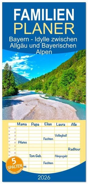 Produktbild: Familienplaner 2026 - Bayern - Idylle zwischen Allg&auml;u und Bayerischen Alpen mit 5 Spalten (Wandkalender, 21 x 45 cm) CALVENDO