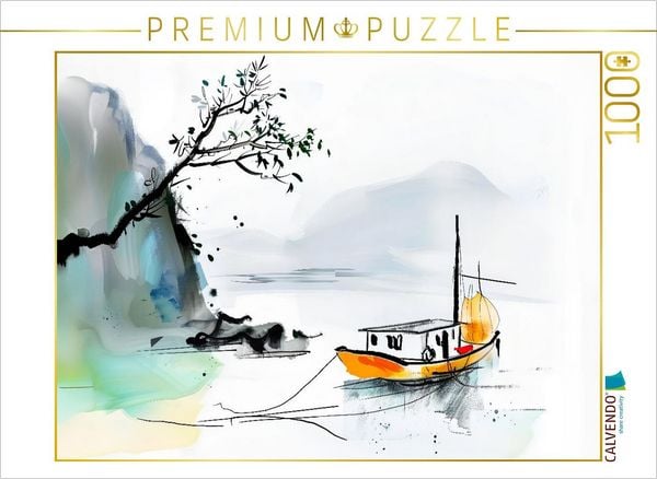 CALVENDO Puzzle Chinesische Dschunke am Ufer eines Sees. Tuschemalerei | 1000 Teile Lege-Größe 64x48cm Foto-Puzzle für glückliche Stunden