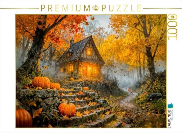 Produktbild: CALVENDO Puzzle Herbst Cottage im bunten Wald mit K&uuml;rbis und Fuchs | 1000 Teile Lege-Gr&ouml;&szlig;e 64x48cm Foto-Puzzle f&uuml;r gl&uuml;ckliche Stunden