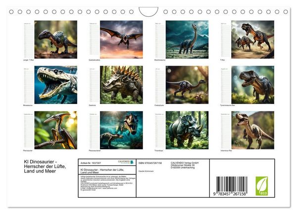 Produktbild: KI Dinosaurier - Herrscher der L&uuml;fte, Land und Meer (Wandkalender 2026 DIN A4 quer), CALVENDO Monatskalender