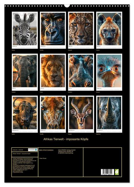 Produktbild: Afrikas Tierwelt - imposante K&ouml;pfe (Wandkalender 2026 DIN A2 hoch), CALVENDO Monatskalender