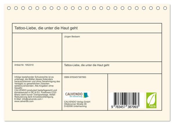 Produktbild: Tattoo-Liebe, die unter die Haut geht (Tischkalender 2026 DIN A5 quer), CALVENDO Monatskalender