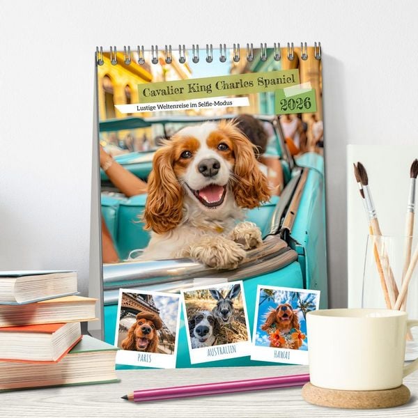 Produktbild: Cavalier King Charles Spaniel - Lustige Weltenreise im Selfie-Modus (Tischkalender 2026 DIN A5 hoch), CALVENDO Monatskalender