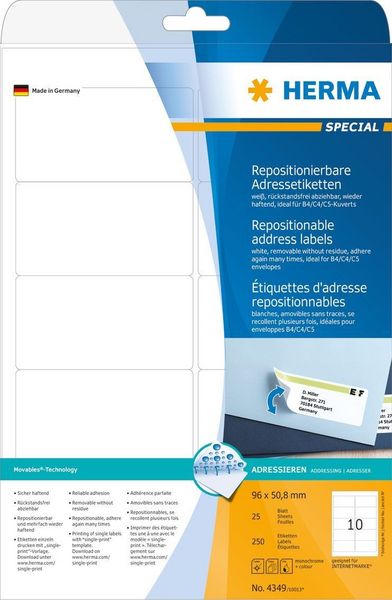 Produktbild: HERMA Adressetiketten repositionierbar wei&szlig; 96x50,8mm 25 Blatt 250 St&uuml;ck