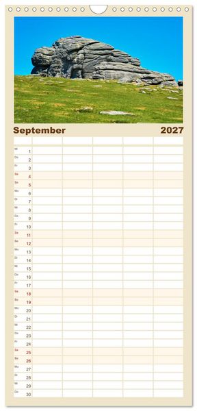Produktbild: Familienplaner 2027 - S&uuml;dengland - Mystische Steinkreise und Dartmoor mit 5 Spalten (Wandkalender, 21 x 45 cm) CALVENDO