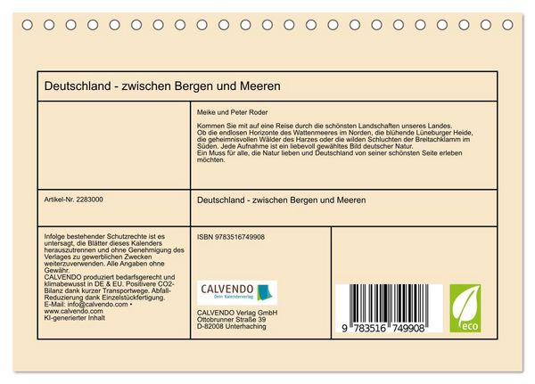 Produktbild: Deutschland - zwischen Bergen und Meeren (Tischkalender 2027 DIN A5 quer), CALVENDO Monatskalender