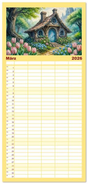 Produktbild: Familienplaner 2026 - Zauberhafte Feenh&auml;user - Wunderwelt der magischen Orte voller Fantasie mit 5 Spalten (Wandkalender, 21 x 45 cm) CALVENDO