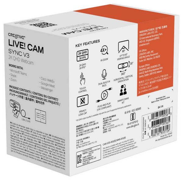 Produktbild: CREATIVE Live! Cam Sync V3, 2k-QHD Webcam, 1,80 m Kabel