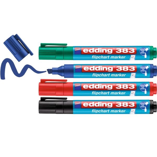 Produktbild: EDDING&reg; Flipchart Marker 383, 4er Etui (rot, blau, gr&uuml;n, schwarz) Kartonetui