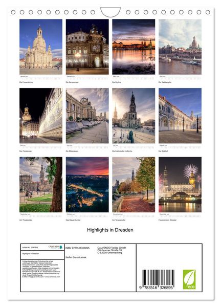 Produktbild: Highlights in Dresden (Wandkalender 2026 DIN A4 hoch), CALVENDO Monatskalender
