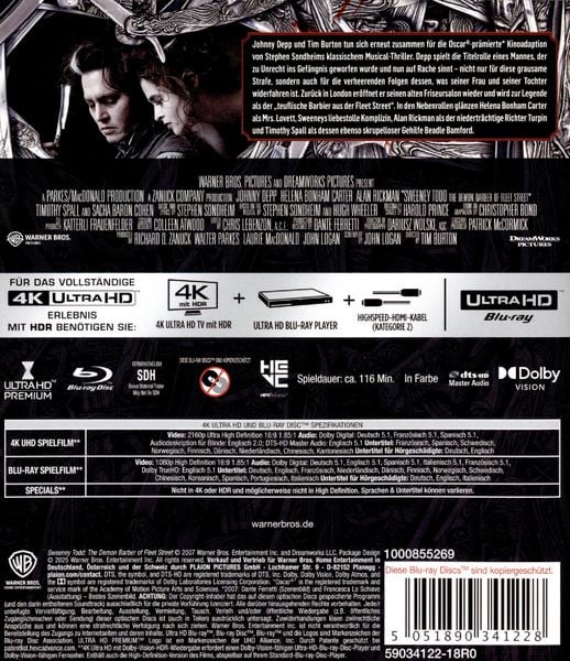 Produktbild: Sweeney Todd: Der teuflische Barbier aus der Fleet Street (4K-UHD+Blu-ray)