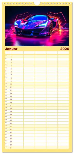 Produktbild: Familienplaner 2026 - Futuristische Neon Cars mit 5 Spalten (Wandkalender, 21 x 45 cm) CALVENDO