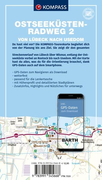 Produktbild: KOMPASS Fahrrad-Tourenkarte Ostseek&uuml;stenradweg 2 - von L&uuml;beck nach Usedom 1:50.000