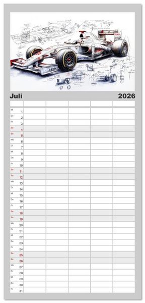 Produktbild: Familienplaner 2026 - Rennwagen - Design Studien mit 5 Spalten (Wandkalender, 21 x 45 cm) CALVENDO