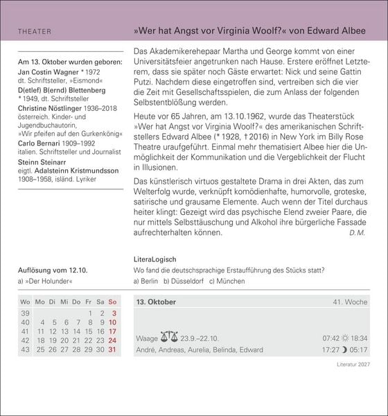 Produktbild: Literatur Tagesabrei&szlig;kalender 2027 - Kulturkalender - Autoren, Werke, H&ouml;rb&uuml;cher