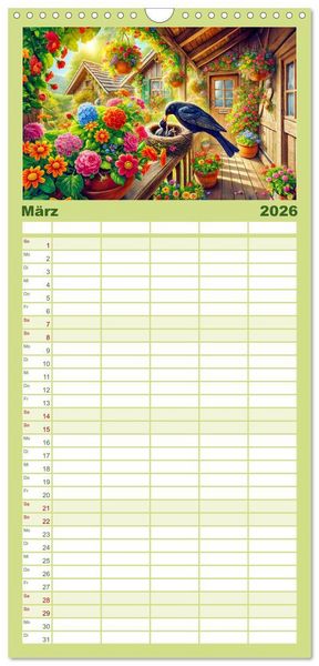 Produktbild: Familienplaner 2026 - Tiere im Garten - Tierische Begegnungen in der gr&uuml;nen Oase mit 5 Spalten (Wandkalender, 21 x 45 cm) CALVENDO