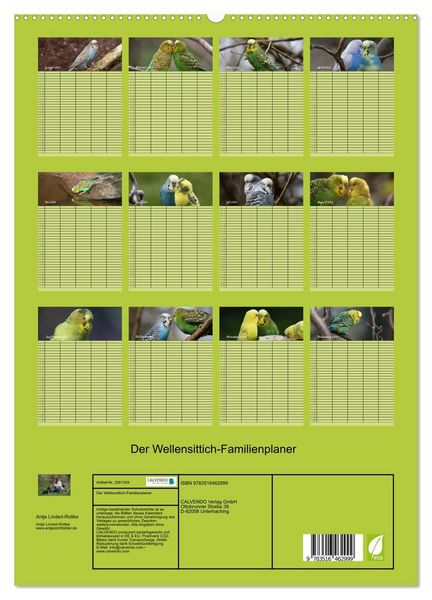 Produktbild: Der Wellensittich-Familienplaner (hochwertiger Premium Wandkalender 2026 DIN A2 hoch), Kunstdruck in Hochglanz