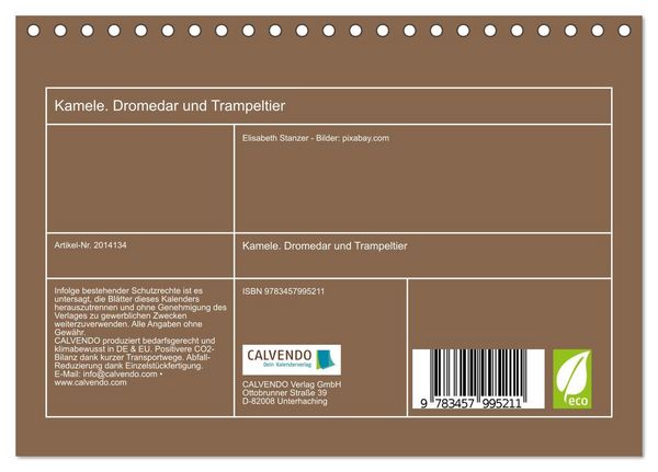 Produktbild: Kamele. Dromedar und Trampeltier (Tischkalender 2026 DIN A5 quer), CALVENDO Monatskalender